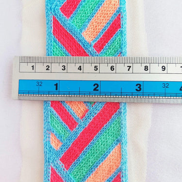 Beige Net With Blue, Red, Cyan And Coral Pink Embroidery